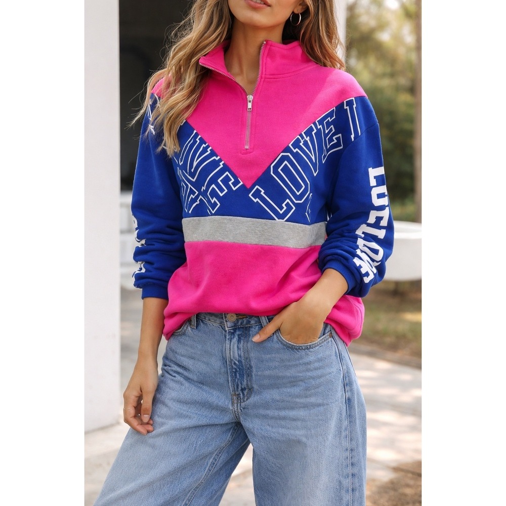 Y2K Colorblock LOVE Quarter Zip‎ Pullover Pink Blue Collegiate Sweater 2XL